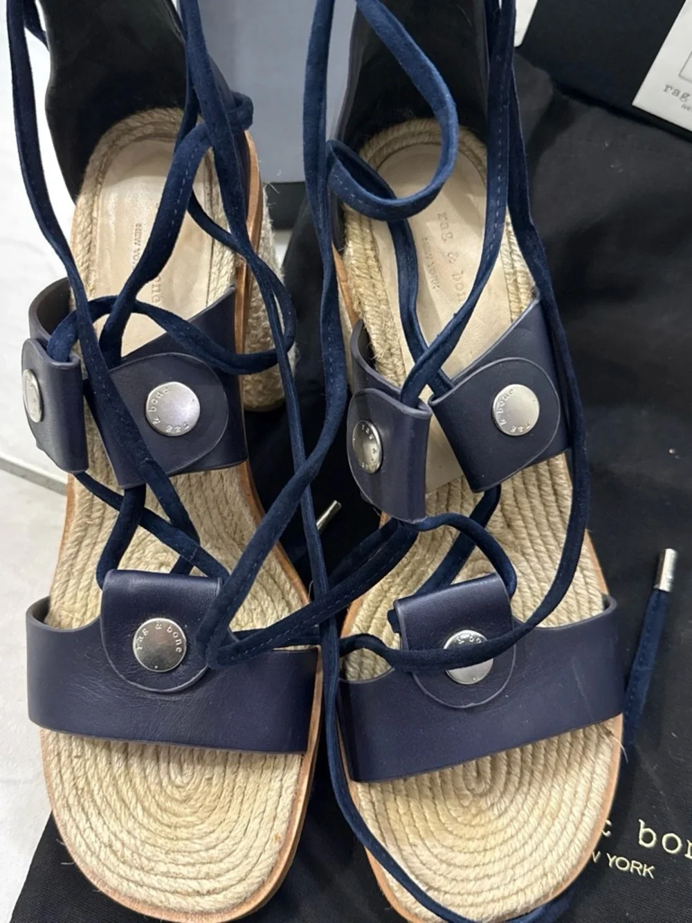 rag & bone Navy Leather Lace-Up Espadrille Wedge Sandals